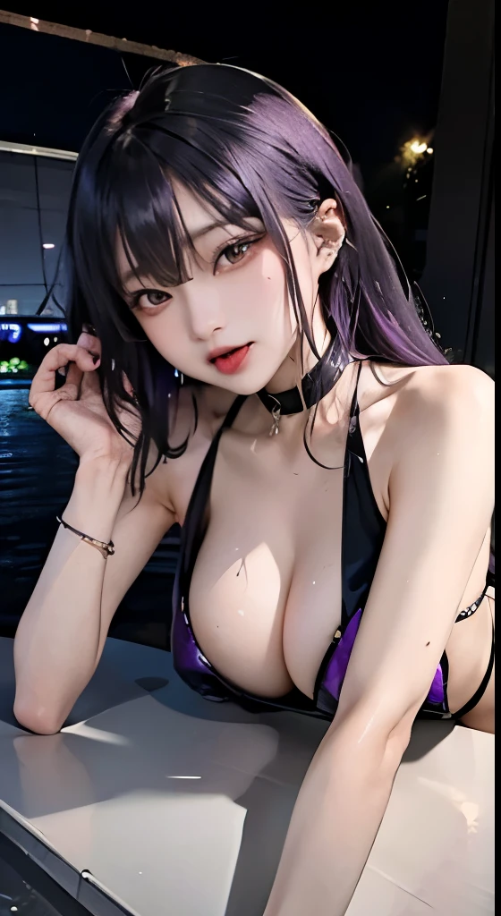 1girl in, Smiling, wide hips, huge tit, great asset quality, 8K, masutepiece: 1.3), Clear focus: 1.2, Perfect Body Beauty: 1.4, Slender Abs: 1.2, Highly detailed face and skin texture, Detailed eyes, 二重まぶた、long black wet hair), (Wet body :1.purple high waist bikini with sequins :1.3), in pool, (At night), neon light、Yui asian sexy girl、(((BLACK hair color、piercings、Ear cuffs))), (((Panting face、orgasm、ahe face、open mouth tongue out、Drooping)))、thin-waist、beautiful legs、big butts、Big breasts that are about to spill out、sleep on one's back、Ask for a hug、Reach out、Face the screen、opening legs、high-angle