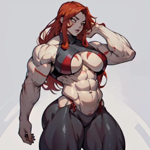 (((1girl bodybuilder))) pale skin red hair very long hair yellow eyes long abs (curvy wide hips thick thighs huge breasts grey background)