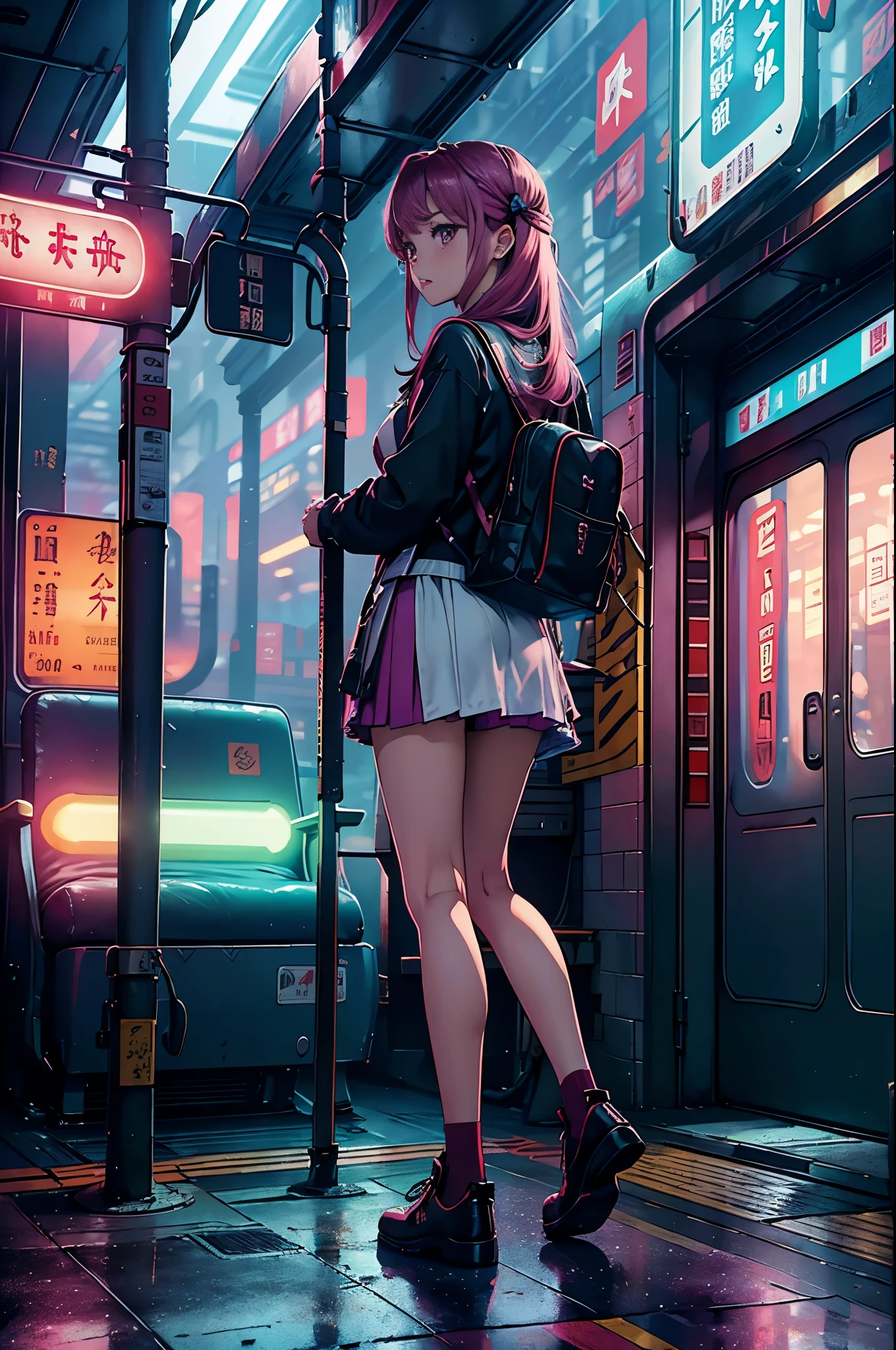 magenta tint、Vibrant colors、8k,((tmasterpiece)))、(((quality)))、((ultra - detailed))、(Surreal)、(Very detailed CG illustration)、offcial art、CD cover、It will be、midsummer、The glorious 1980s、1 girl,Cool beauty、cochetti gorgeous、incomparable beauty、Hair color、Rock music、jaqueta de couro、Superskirt、Student shoes,perfect angle、Perfectcomposition、(natta,trains station,trains,Yunxia),