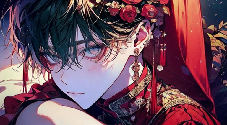 ((​masterpiece))、(((Beautiful eyes)))、(Expressive Ace Perfect)、Big lion、male people、年轻、、livingroom、Sitting on a beige sofa、、red blush、Unparalleled beauty,face perfect、、(male people二人、male peopleだけ,),Perfect Eye、Lying in bed、Dressed in national costume、、ファッションmodeled、actor、modeled、brand costume、