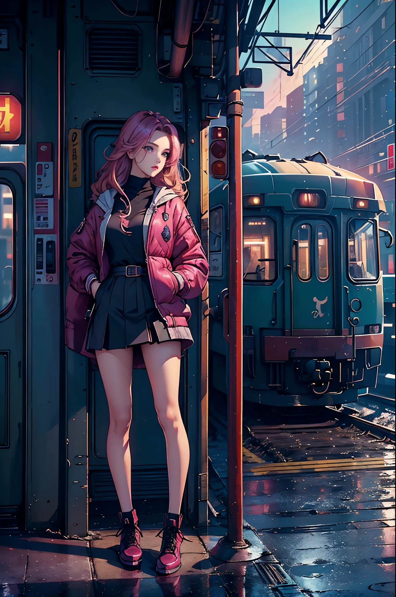 magenta tint、vivd colour、8K,((tmasterpiece)))、(((quality)))、((ultra - detailed))、(Surreal)、(Very detailed CG illustration)、offcial art、CD cover、It will be、midsummer、The glorious 1980s、1 girl,Cool beauty、Beautiful eyes,cochetti gorgeous、incomparable beauty、Hair color、jaqueta de couro、Superskirt、student shoes,perfect angle、Perfectcomposition、(natta,trains station,trains,Yunxia),