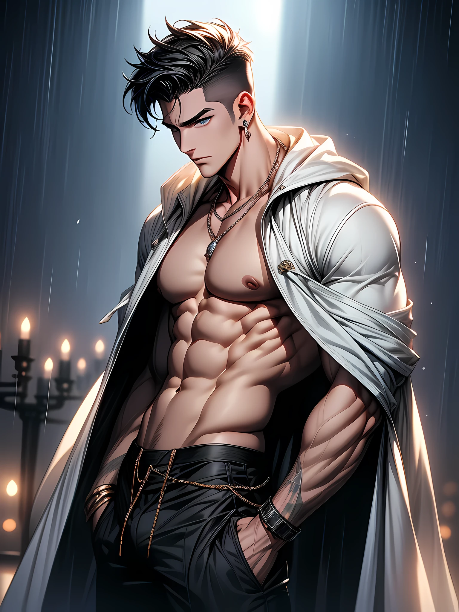 (3D:0.6,realistic:0.8,photorealistic:0.8),(absurdres, Super-resolution, masterpiece, best quality, finely detailed,absurdres:1.2), (((natural lighting))), god-rays, butt, 1male, 21 years old male, Pectoral muscles are plumped, crouch, bulge, muscular, athletic, textured skin, stubble, big body, handsome man, attractive male, seductive, alpha, teahouse, dominated, lewd, earrings, necklace, smirk, piercing, glowing neon blue eyes, big chest, cold pale white skin, raining, wet, sweaty, saliva, mucus, exhibitionist, tattoo, big arms, open cloak, alpha male, gay, yaoi, twin guns, chain bracelets, white shaved hair, dramatic illumination
