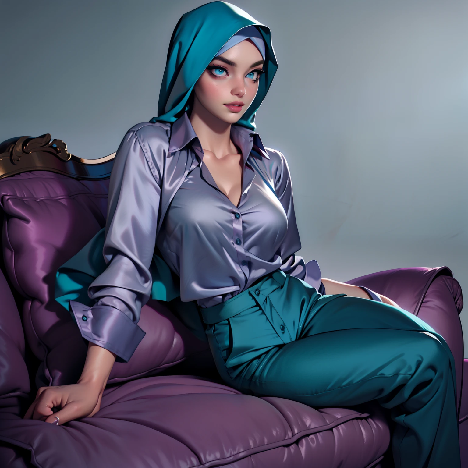 (Masterpiece: 1.5), (Best Quality: 1.5),1girl, solo, huge breasts, makeup, grey background, background, parted lips, upper body, lips, blue eyes, realistic, collarbone, lipstick, eyeshadow,  perfect face, perfect eyes, subsurface scattering, medium breasts, wide hips, wearing (Teal satin hijab), ((gray satin long blouse shirt, satin trousers pants)), lying, on side, satin sofa, living room, ultra-high details,