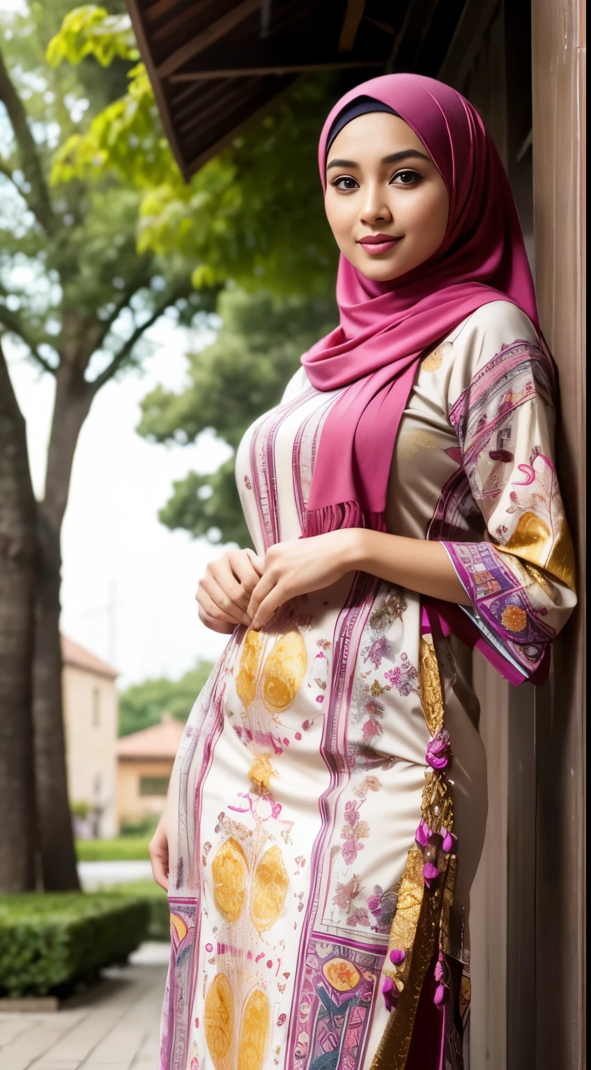 RAW, Best quality, high resolution, masterpiece: 1.3), beautiful Malay woman in hijab, Masterpiece, perfect fit body, ((Huge breast)), big gorgeous eyes, Soft smile, muslim woman in a plain (tight maxi dress) and hijab posing for a picture, hijab, with lovely look, with beautiful colors, with accurate face, pose 4 of 1 6, traditional beauty, batik, wearing beautiful clothes, beutifull, with beautiful exotic, attractive pose, cute pose, scarf, wearing plain chiton, very attractive , she is smiling, afternoon walk, City garden, Excellent lighting, Bright colors, Clean lines