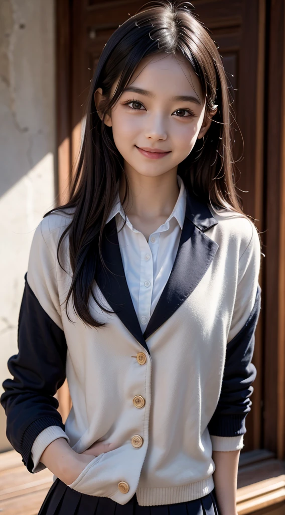 (top-quality,8K picture quality,masterpiece:1.3),(A high resolution,Photorealsitic:1.4,Raw photography),(ultra-detailliert,Caustics,Detailed background),(Ultra-realistic capture,Beautifully detailed skin,perfect anatomia),at the sunset,Sunset sky,school buildings,school ground,18year old ,Kawaii,Single eyelid,Black hair short messy ,School Blazer Uniform, small breast, Looking at the camera,A smile,Bust-up shot,natural soft light