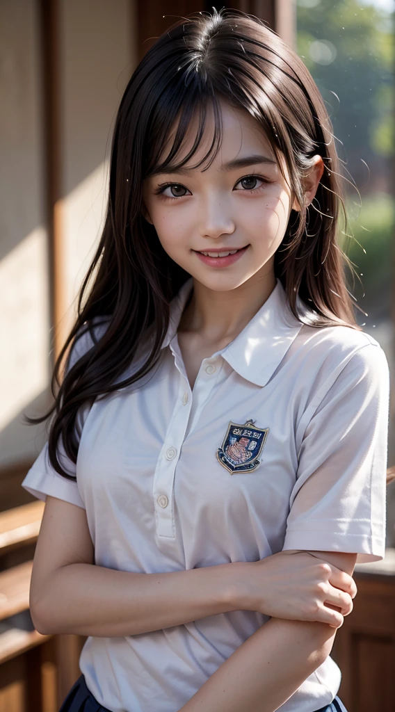 ((school uniform)),ribbon at neck,(school uniform and ((Plaid navy skirt)) and white shirt:1.1), Skin color, big , smile, (8k, RAW Photos, Highest quality, masterpiece:1.2), masterpiece, super detailed, super high quality, (Realistic and Realistic photography:1. 37), High-resolution RAW color photos, Very delicate and beautiful, highly detailed, 8k壁紙, wonderful, detailed, Very eye, very detailed, very detailed skin, very thin fingers, very detailed nose, very detailed mouth, Perfect Anatomy, Upper Body, studio, Soft lighting, A full-body shot of a cute idol wearing a one-piece swimsuit, Playful pose, Hands on hips, smile, Pastel Background, Realistic, Attention to detail, studio photography