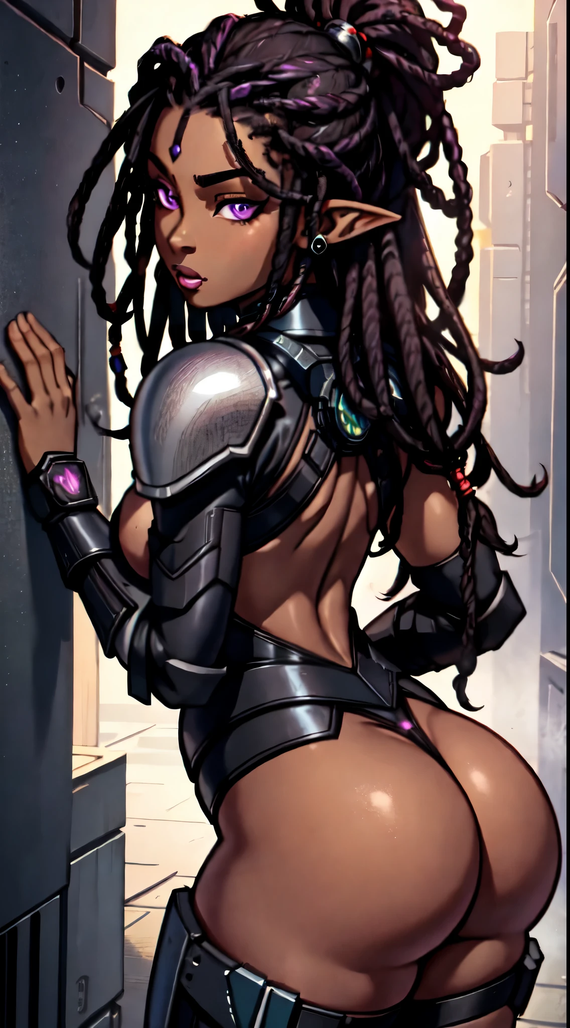 An (African-American) female, with dark (black dreadlocks), purple eyes, dark (brown skin), (pointed ears), (plump butt), (slutty assassin), (sexy) black armor, (lust) demon, (Sci-fi) fantasy, (close-up shot), perfect composition, hyper-detailed, 8K, high quality, (perfect eyes), trending art, sharp focus, studio photo, intricate details, (Booty) shot, NSFW