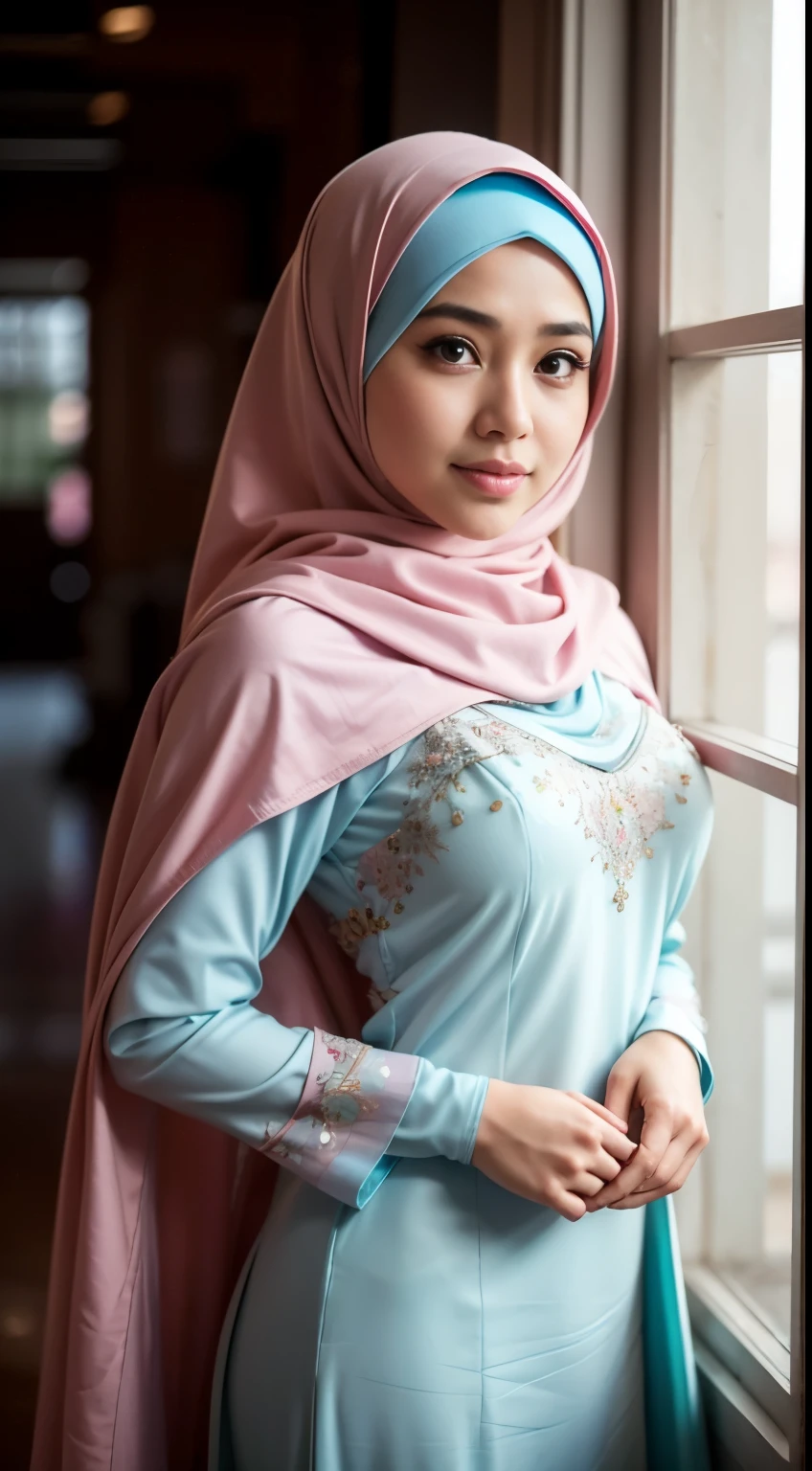 1 malay girl, modern plain hijab, shy, medium portrait, watery eyes, pink glowing particles, wearing pastel light blue kebaya, dark pink hijab, ((big breasts)), pink light bokeh background, well-proportioned body,