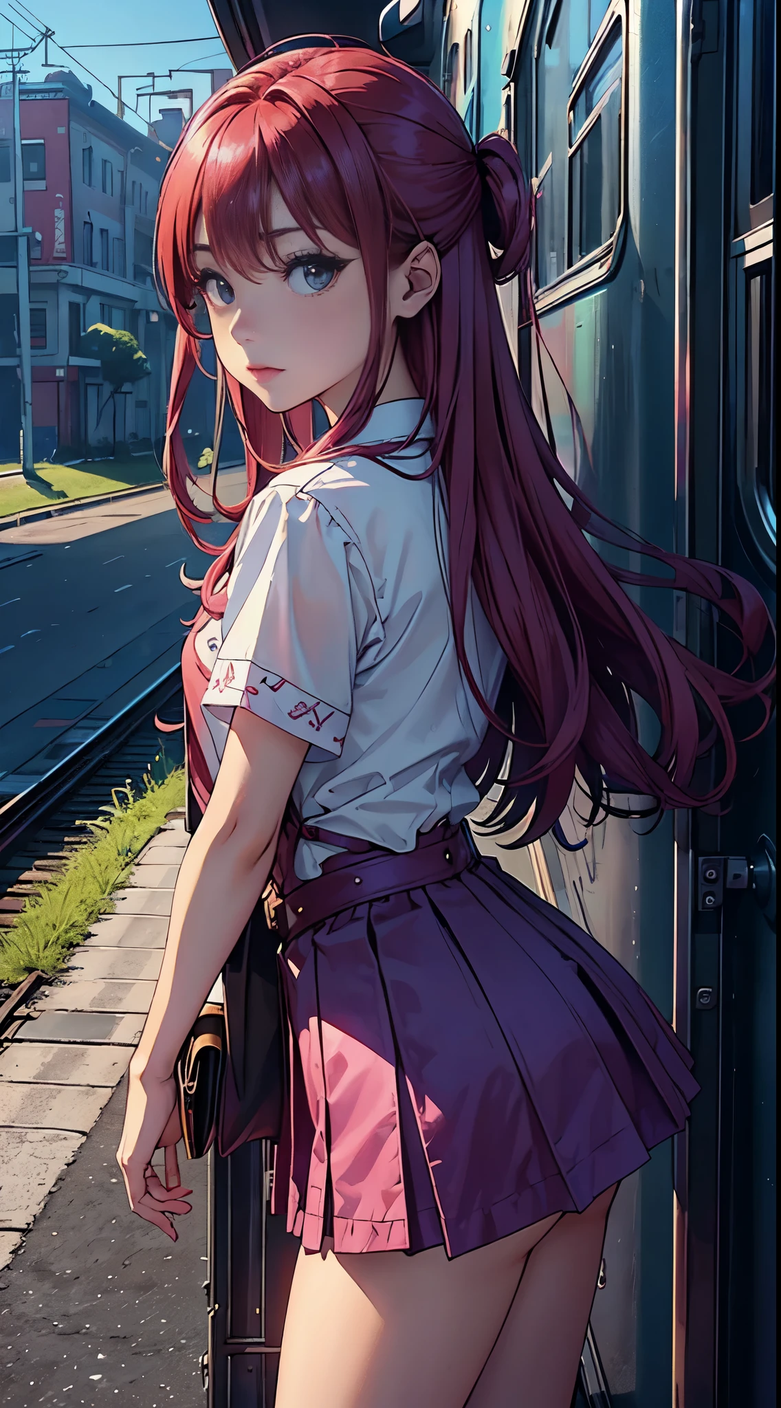 magenta tint、Vibrant colors、((tmasterpiece)))、(((quality)))、((ultra - detailed))、(Surreal)、(Very detailed CG illustration)、offcial art、CD cover、It will be、midsummer、The glorious 1960s、1 girl,Cool beauty、cochetti gorgeous、incomparable beauty、Hair color、Rock music、jaqueta de couro、Superskirt、perfect angle、Perfectcomposition、(natta,trains站,trains,Yunxia),