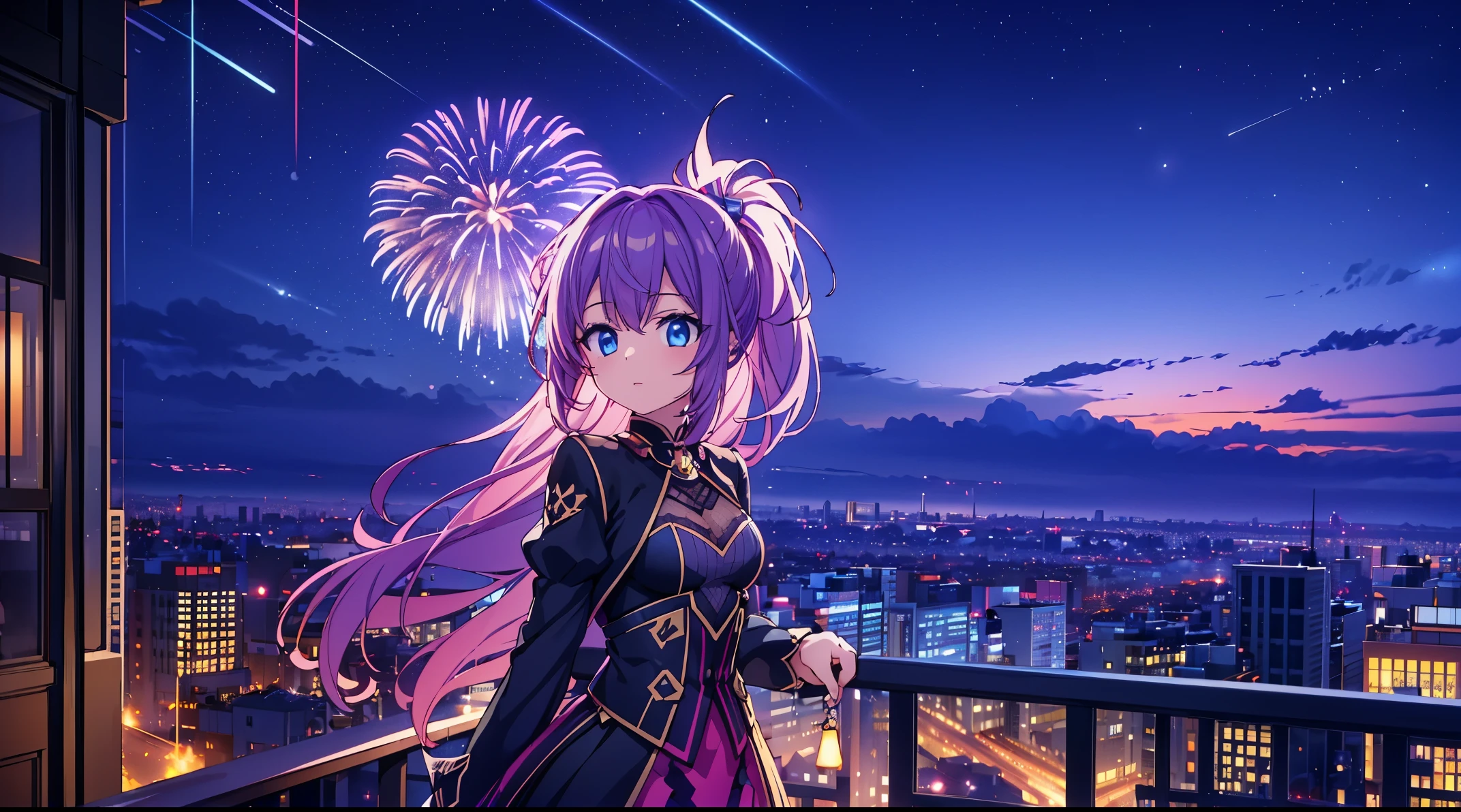Girl on the balcony, looking at the fireworks scene, fireworks in different colors, futuristic city, night, beautiful and detailed backgrounds,(Highly detailed CG,module,8K wallpapers)،(Highest quality, high resolution, beautiful lighting, realistic shadow, high resolution)