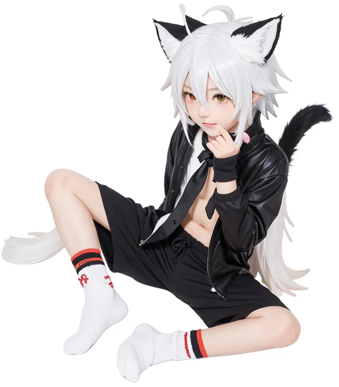 anime figure sitting on the ground with a cat ear and a pair of socks, anime figure, White-haired fox, Sora is a cat, cute anime catgirl, Meow Zi-san, white fox anime, as an anime figure, male anime figure, boy with cat ears and tail, Key anime art, Anime cute art style, anime figure art, Anime boys