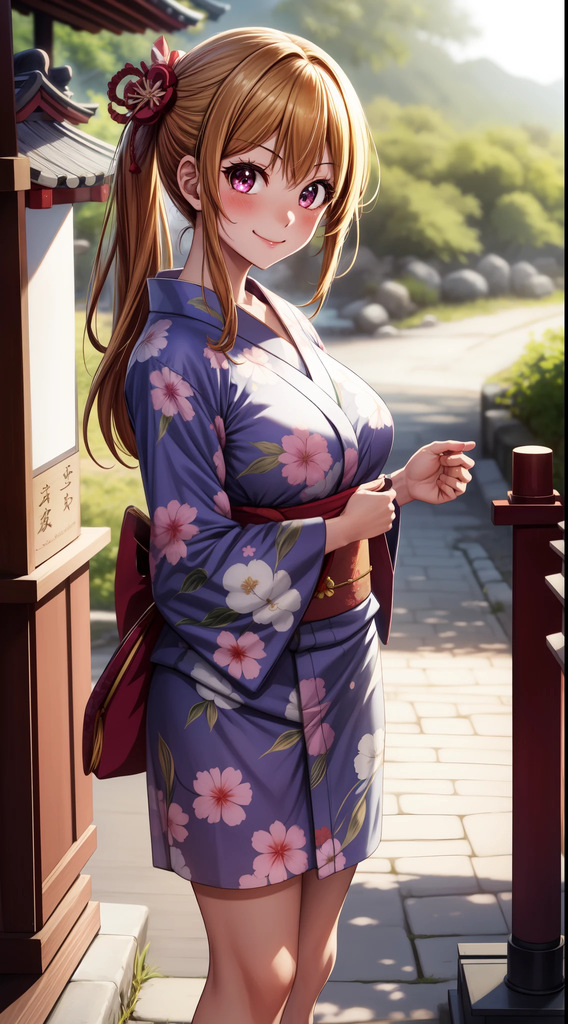 anime, beautiful face, highly detailed face, 2 accurate legs detailed eyes, highly detailed background, perfect lighting, accurate arms, accurate hands, accurate fingers, perfect feet, full body, 1girl, solo, ruby hoshino, oshi no ko, outdoors, absurdres, high res, ultrasharp, 8K, masterpiece, elegant pose, teasing smile, wearing a yukata, beautiful yukata, at a shrine, at a shrine to make a offering,