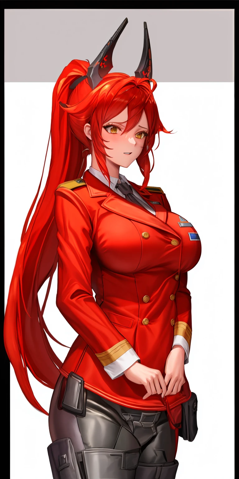 Red_Hood \\(Nikke)\\, Military uniform, (Big breast, Detailed retina, Red hair, ponytail), 4k, winning award, cyber horn, high rank officer, office background