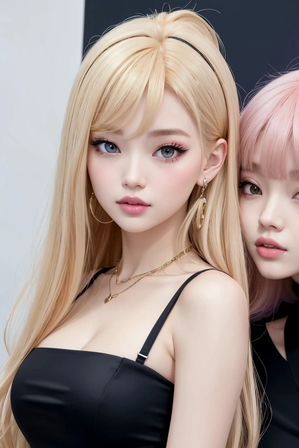 une jolie idolgirl avec de longs cheveux blond clair en 2D et une frange droite, membre de Blackpink regardant la caméra (style "jeu Zepeto") 2d,