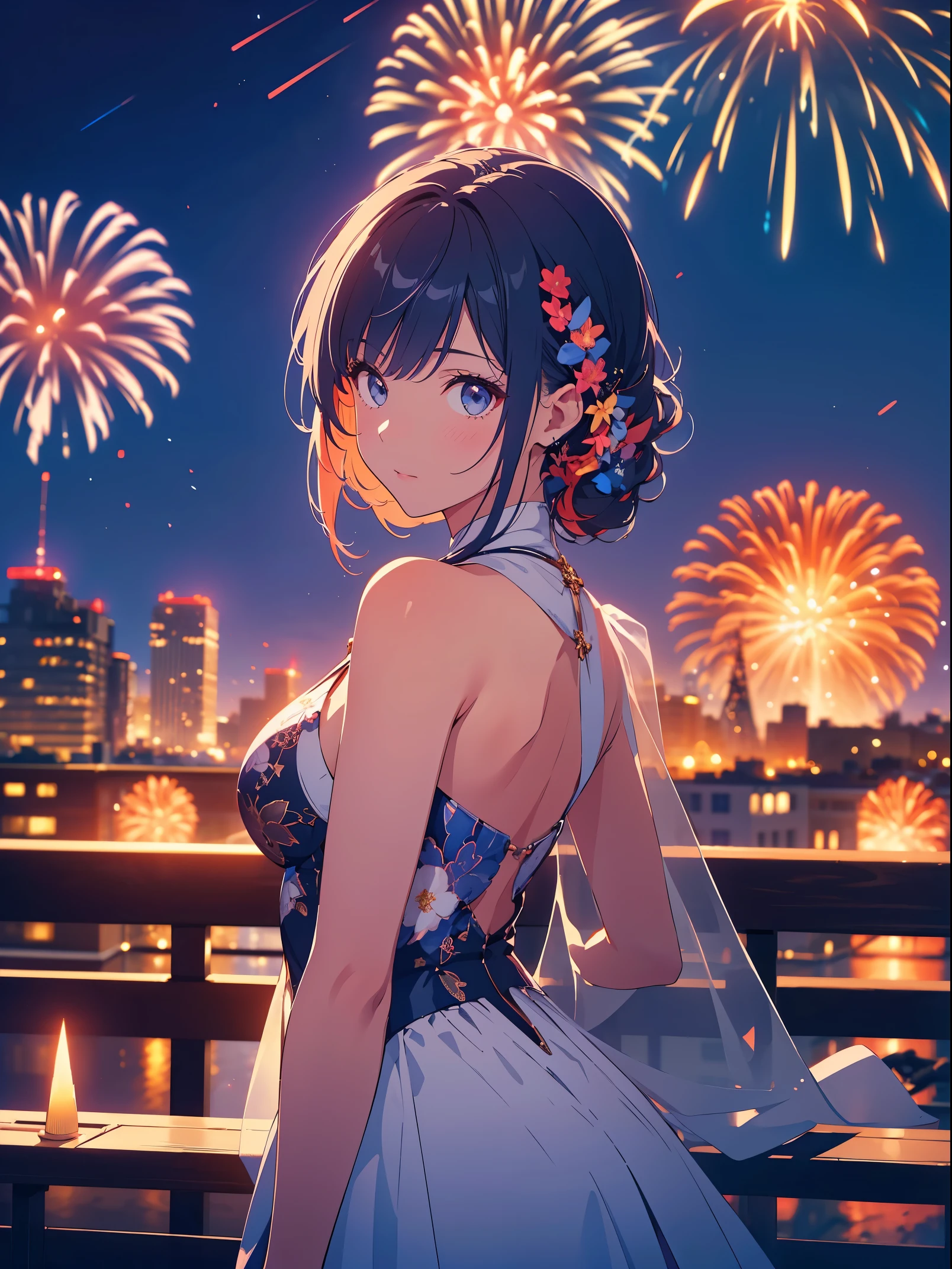 Girl on the balcony, looking at the fireworks scene, fireworks in different colors, futuristic city, night, beautiful and detailed backgrounds,(Highly detailed CG,module,8K wallpapers)،(Highest quality, high resolution, beautiful lighting, realistic shadow, high resolution)