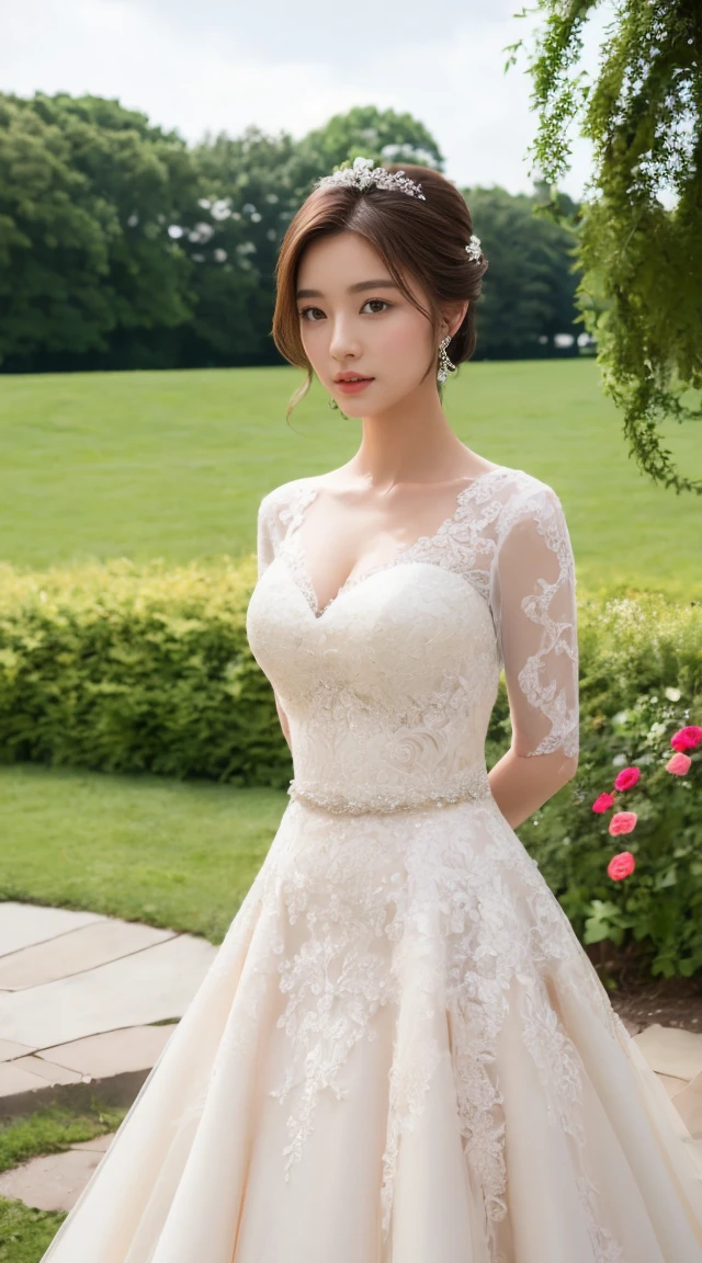 ((Best Quality, 8K, Masterpiece: 1.3)), 1girl, Slim Abs Beauty: 1.3, (Updo Hairstyle, Big: 1.2),, Super Fine Face, Delicate Eyes, Double Eyelids, (Supermodel sexy wedding gown: 1.3), farm with flowers, Full body,
