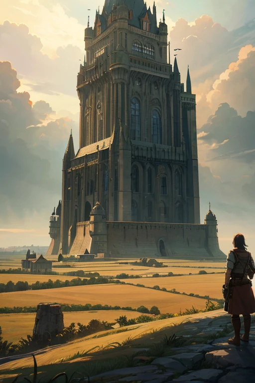 There is a painting of a castle, with a flag on the gate. The castle is surrounded by a moat and has a medieval architectural style. The scene depicts the castle situated in a lush green landscape, with rolling hills and tall trees in the background. The castle stands tall and majestic with its towers and defensive walls. The setting has a distinct comic book style, reminiscent of the opening scene of a fantasy adventure. The atmosphere is vibrant and lively, with vibrant colors and sharp contrast. The artwork captures the essence of the Attack on Titan anime, featuring the colossal titans attacking the walls. The overall composition of the painting is reminiscent of the anime's epic and action-packed scenes. The castle is not just a static background but an integral part of the Attack on Titan universe. The artwork is a screenshot from the 2012 animation, showcasing the spectacular animation and attention to detail. The colors are vivid and true to the original anime, creating a visually captivating experience. The lighting in the painting is intense and dramatic, with dynamic shadows and highlights enhancing the overall atmosphere.