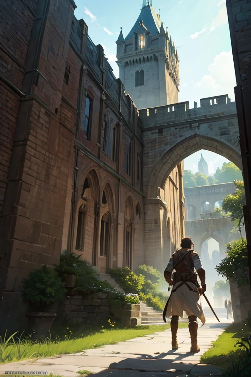 There is a painting of a castle, with a flag on the gate. The castle is surrounded by a moat and has a medieval architectural style. The scene depicts the castle situated in a lush green landscape, with rolling hills and tall trees in the background. The castle stands tall and majestic with its towers and defensive walls. The setting has a distinct comic book style, reminiscent of the opening scene of a fantasy adventure. The atmosphere is vibrant and lively, with vibrant colors and sharp contrast. The artwork captures the essence of the Attack on Titan anime, featuring the colossal titans attacking the walls. The overall composition of the painting is reminiscent of the anime's epic and action-packed scenes. The castle is not just a static background but an integral part of the Attack on Titan universe. The artwork is a screenshot from the 2012 animation, showcasing the spectacular animation and attention to detail. The colors are vivid and true to the original anime, creating a visually captivating experience. The lighting in the painting is intense and dramatic, with dynamic shadows and highlights enhancing the overall atmosphere.