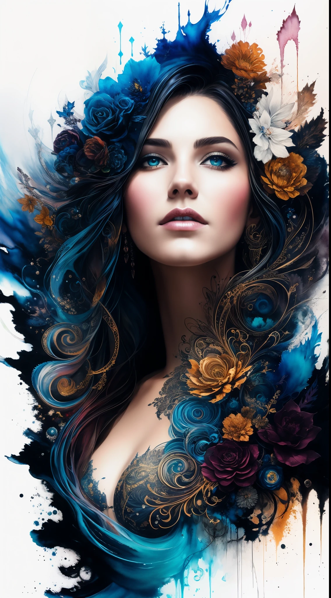 Colorful beautiful woman: Black ink flow: 8k resolution photorealistic masterpiece: by Aaron Horkey and Jeremy Mann: intricately detailed fluid gouache painting: by Jean Baptiste Mongue: calligraphy: acrylic: watercolor art, professional photography, natural lighting, volumetric lighting maximalist photoillustration: by marton bobzert: 8k resolution concept art intricately detailed, complex, elegant, expansive, fantastical