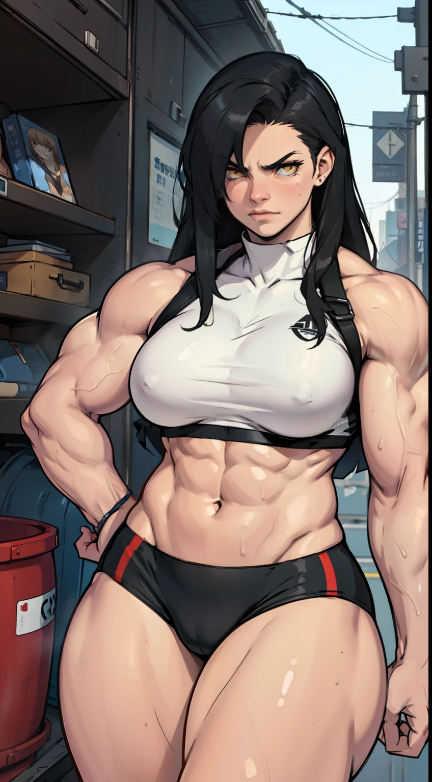 (((((muscular girl thick breasts))))) angry pale skin black hair yellow eyes best quality