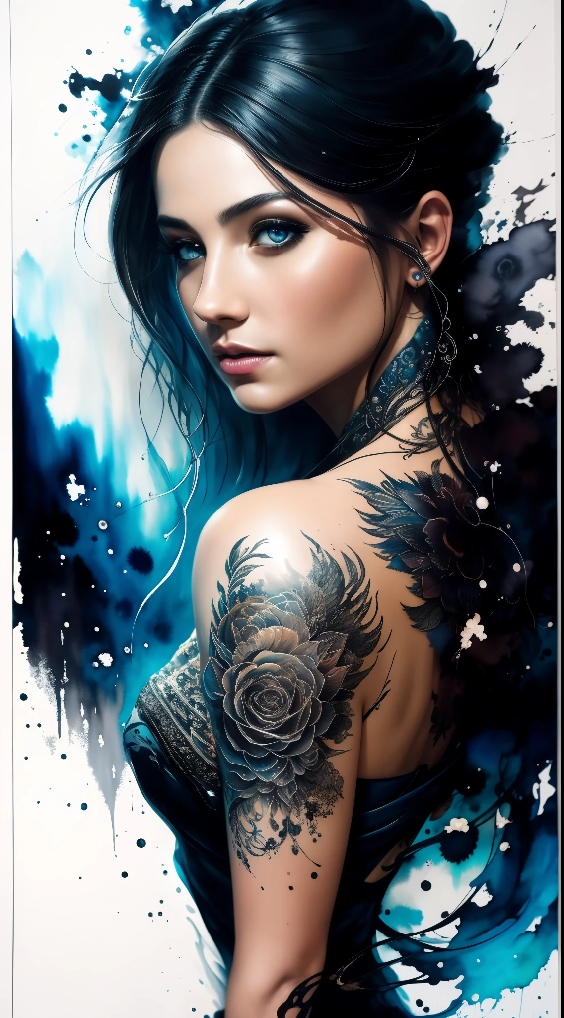 Colorful beautiful woman: Black ink flow: 8k resolution photorealistic masterpiece: by Aaron Horkey and Jeremy Mann: intricately detailed fluid gouache painting: by Jean Baptiste Mongue: calligraphy: acrylic: watercolor art, professional photography, natural lighting, volumetric lighting maximalist photoillustration: by marton bobzert: 8k resolution concept art intricately detailed, complex, elegant, expansive, fantastical
