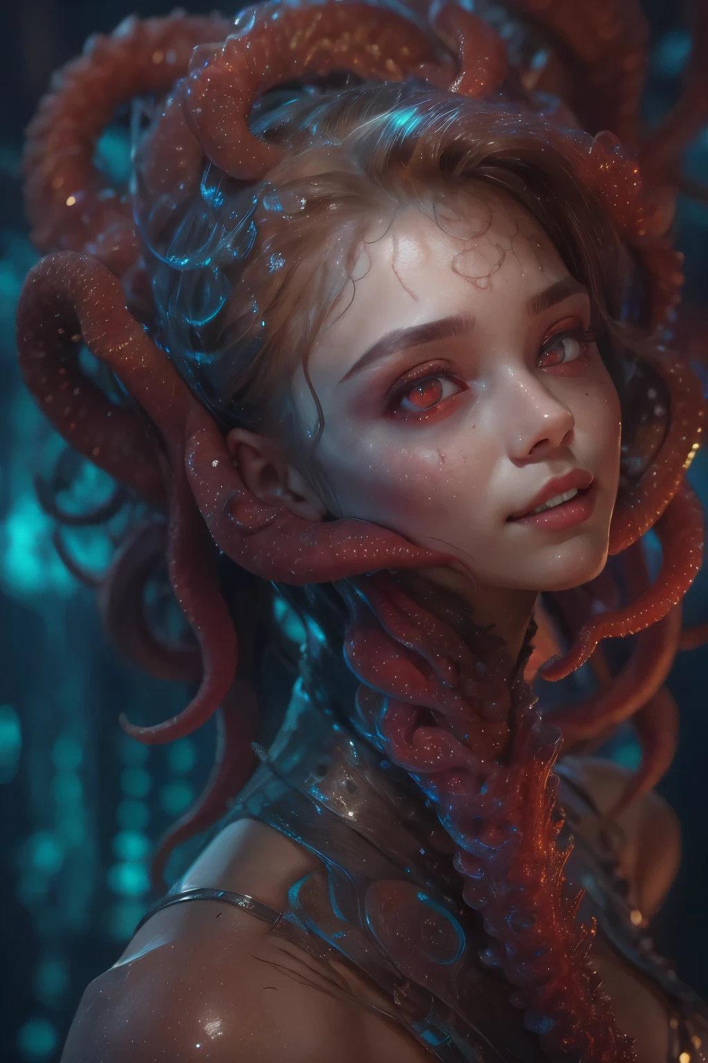 (1 beautiful and obscene female alien:1.4), (vulgarity1.7), (she has red eyes with no pupils:1.8), (She has translucent pale skin:1.7), (There is a female genital-like organ in the middle of the forehead:1.95), (She has the most beautiful face in the history of the universe:1.2), (She has multiple bioluminescent organs on the side of her tentacles:1.4), (Her body is covered with an iridescent exoskeleton:1.3), (She is showingh her arm pits:1.4), an evil gaze that seduces, (large mouth:1.1), (sharp teeth like a vampire:1.2), Full body portrait, (bio luminescent:1.5), (Smile wickedly:1.3), (sexypose:1.5), alien, No humans, cells are fused, (No hair but there are lots of translucent tentacles from her head like hair:1.8) extraterrestrial, cell, bio image, best quality, masterpiece, ultra high resolution, (photos realistic:1.7), scary and sexy detailed art in color, best quality, 8K,In 4K_quality, High freshness, Dramatic Lighting, cinematic quality, detail up, (exquisite details:1.2), High freshness, drawing faithfully, (Thick eyebrows:1.2), Beautiful eyes with fine symmetry,(Highly detailed face and eyes:1.2),(Super detailed skin quality feeling:1.4), perfect anatomy, (Beautiful toned body:1.5), (Moist skin:1.2), not wearing makeup, (dark circles:1.1), long canines, cinematic drawing of characters, cinematic quality, detail up, (exquisite details:1.2), high resolution, High freshness, drawing faithfully, official art, Unity 8K Wall paper, ultra detailed artistic photography, midnight aura, unreal engine 5, Ultra Sharp Focus, art by Amano Yoshitaka, ArtGerm, Roisch, intricate artwork,ultra realistic realism, dream-like, Creation of fantasy, dream Snail, (biopunk nautilus:1.3),Thrilling color schemes, seductively smiling, Amazing mutation, well-proportioned body, goddess of the deep sea, fractal, Geometric pattern, impossible figures,(asymmetry:1.4), (white tentacles with blue stripes:1.4), subtle emerald green accents, (expression of ecstasy:1.6)