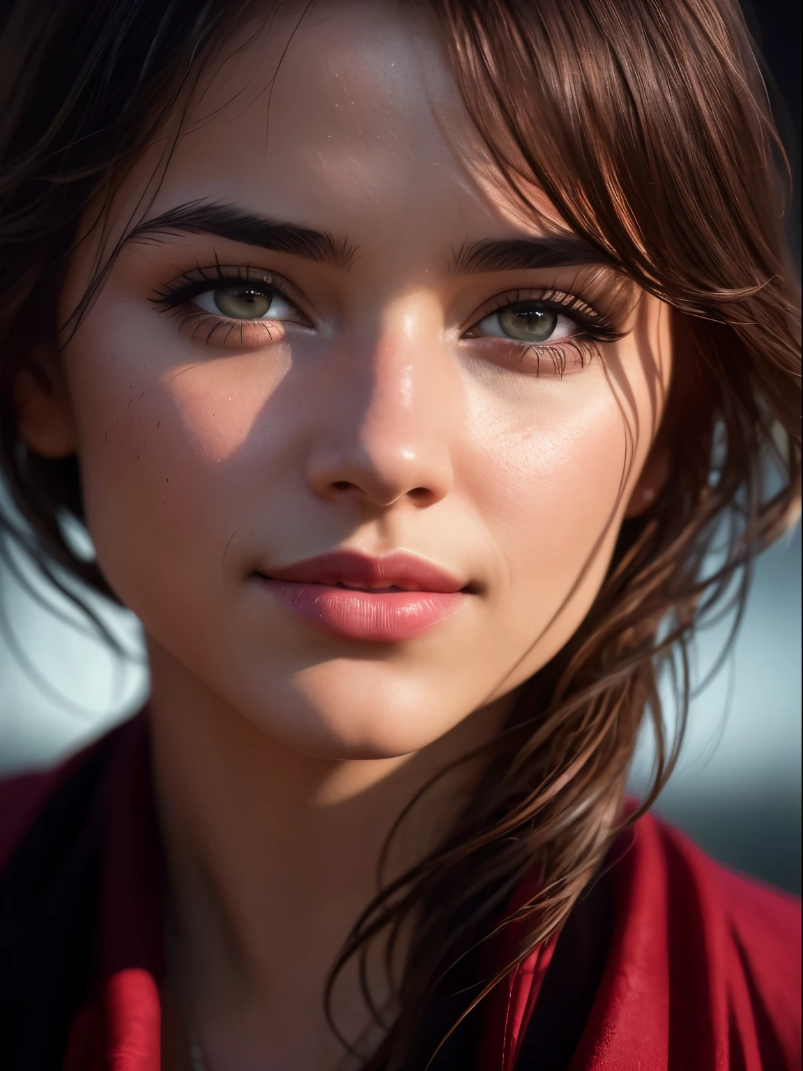 8k, RAW Photo, Best quality, masterpiece,(photorealistic:1.4) , (lip gloss, eyelashes, smiling, bright face, glowing skin, best quality, ultra high resolution, depth of field, chromatic aberration, caustic, wide lighting, natural shading) ultra high res, front view, big breast size, raw photo, 1girl, Turkish girl, Turkey girl face, red dress, perfect face, in the dark, deep shadow, Cold light, caustics, looking at the viewer with a serene bliss, volumetric light, foggy background, rim light, edge light, backlit hair, Low Key, bloom, track equipment, outside the field, ((thin, thin)), photorealistic, photograph, masterpiece, realistic, realism, photorealism, high contrast, photorealistic digital art trending Artstation 8k HD high definition detailed realistic, detailed, skin texture, hyper detailed, realistic skin texture, armature, best quality, ultra high res, (photorealistic) (1.4), high resolution, detailed, raw photo, sharp re, lee jeffries nikon d850 film stock photo 4 kodak port 400 camera f1.6 lens rich colors hyper realistic lifelike texture dramatic lighting irrealengine trends on artstation cinestill 800