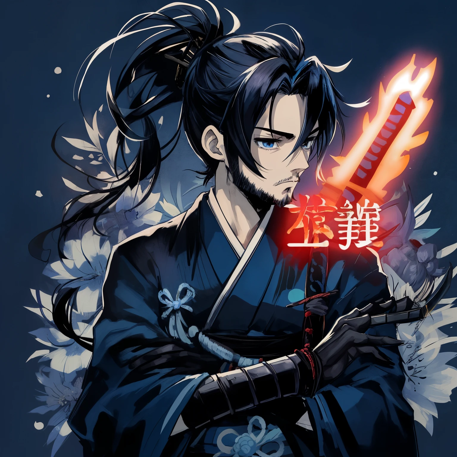 anime samurai boy with samurai ponytail, with tiny beard with blue kimono and with full black gloves