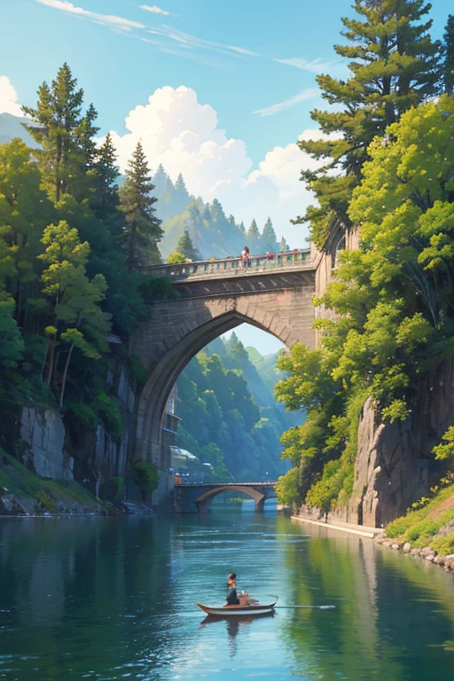 Animated scene of a man and a group of people fishing on a bridge, ghibli studio anime style, anime movie screenshot, Ghibli animation style, miyazaki's animated film, Ghibli animation style, screenshot from the anime film, studio ghibli anime screenshot, Miyazaki's animation style, in the anime film, Miyazaki movie scene