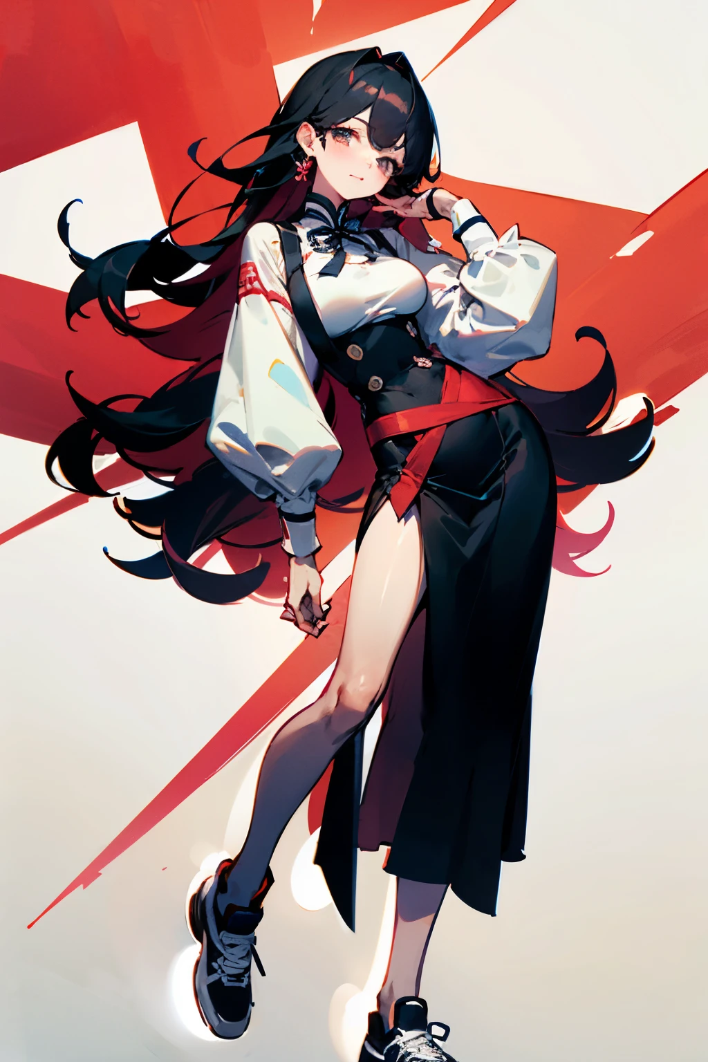 teens girl,18yr old,Height 165cm,Bust 90.5cm,Waist circumference 58.75cm,Waist 88.725cm,About 9 heads tall, with rosy and fair skin.,Eye color dark red,Hair color black,Hair long to neck,Slightly upturned。Clothing style long sleeves and wrist,The cuffs are wider and lace,tight-fitting top,The overall hue is red,Pink big breasts,white colors,The theme is Begonia flower,There are more luxuriant flower branches and a few green leaves。The lower body is worn in a knee-length skirt,The theme is the same as the top and closely connected。black sneaker shoes。
Gentle personality,Be positive,Sunny and cheerful,self-assured。expressioness:self-assured的微笑。lewd poses:Stand up straight,One hand crosses the waist,The other hand is at ear level,The gesture is "sympathy"。
Two-dimensional style