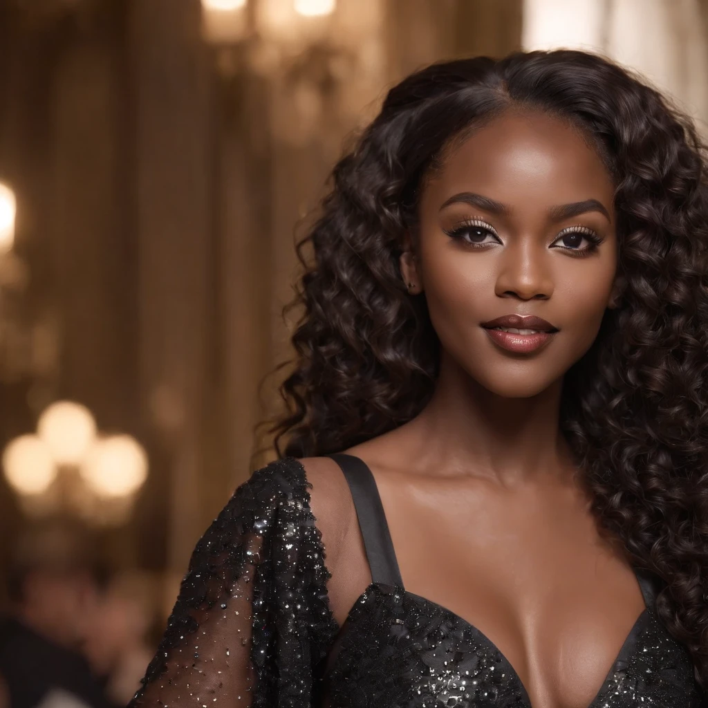 ((Dark African skin, Very deep ebony skin)), ((Its beauty undeniable)), ((Excited cute face)), ((Hyper detailed perfect eyes,)), ((Language output)), ((Seductive)), ((Venetian Masquerade Mask, chic black glitter dress)), ((Afro ponytail with long African curly hair)), ((full body, side view)), ((arms in the air)), ((indoor, gala, dancing, club, Masquerade Ball, people in the background)), Sharp Focus CGI, photoreallistic, High detail, Realstic, Masterpiece, absurdes, Best quality, Hdr, High quality, high-definition, Extremely detailed, 8k wallpaper, Intricate details, 8K UHD, Full-HD, (photo realist:1.2), contraste, intense illumination, lighting cinematic, natural lighting, veilleuse, Nuit, Illumination globale, Laughing out loud, a la piscine African women、Female sexy, the hague