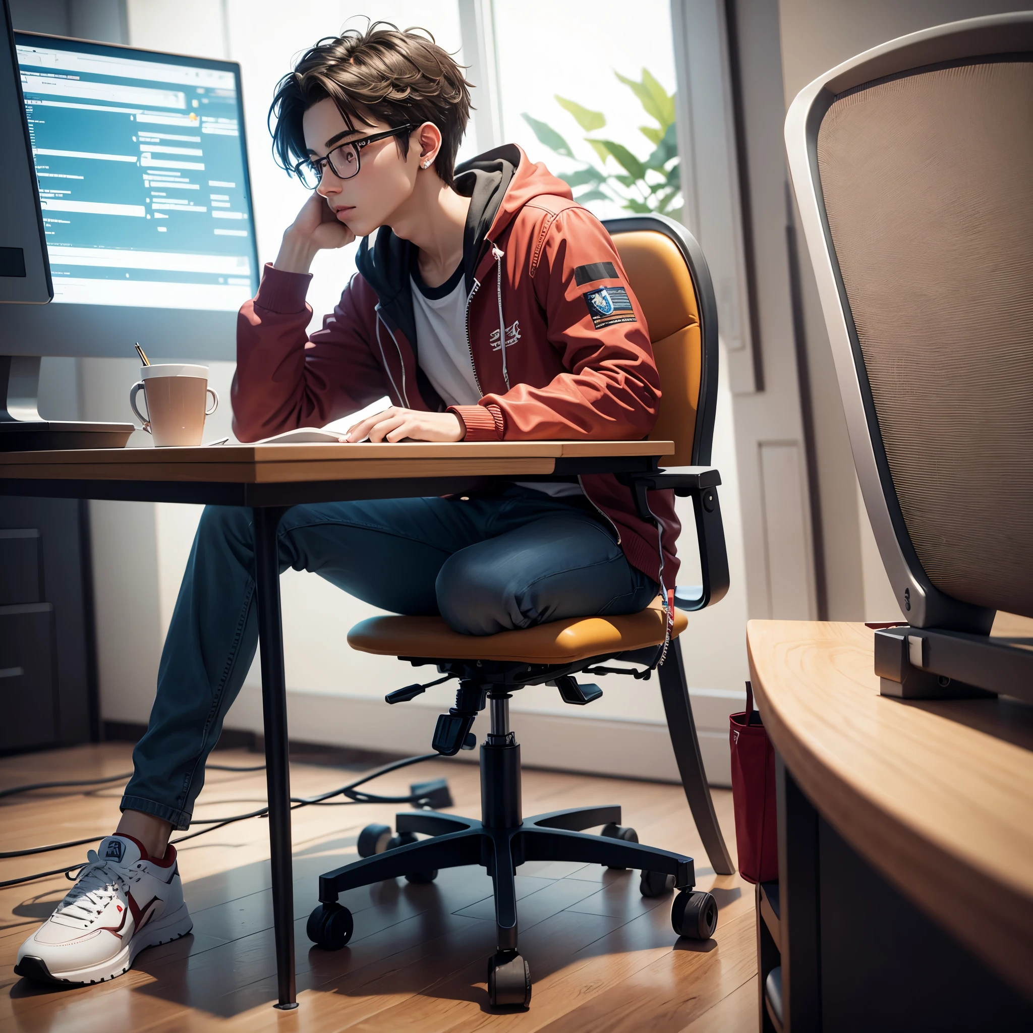Create a 3D illustration featuring a realistic 18
year-old beautiful young boy busy to writing a
coding on a chair in front of a 3d logo of
Instagram.' The character should have red and
white pant coat tie ,with Sneakers shoes, with
glasses,The background of the image should
showcase a social media profile page and the
username "APN_SONYA_' and a matching
profile picture and modify it