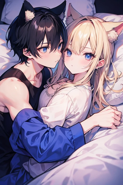 Unparalleled beauty,face perfect、Bedrooms、Lying in bed、well-muscled、(2man,Gay Male Relationships),Perfect Eye、Blue Eye、 By Shinkai Makoto、Animal ears、Animal tail、a blonde and a black hair、nightwear、もこもこのs Pajamas、Warm、s Pajamas、what will happen then??&#39;Sleeping、smil、steam、firefly