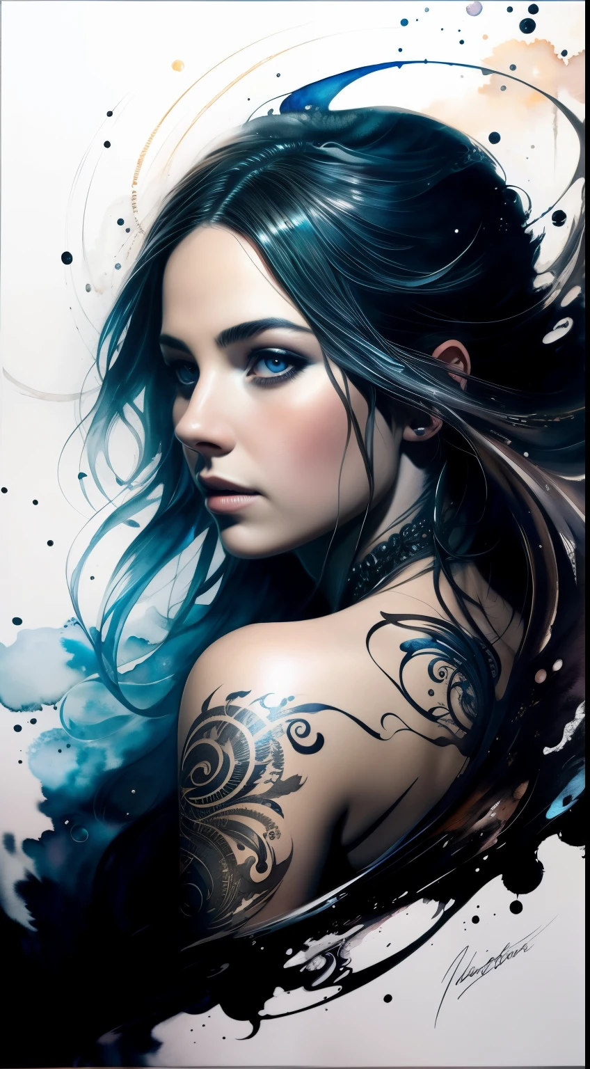 Colorful beautiful woman: Black ink flow: 8k resolution photorealistic masterpiece: by Aaron Horkey and Jeremy Mann: intricately detailed fluid gouache painting: by Jean Baptiste Mongue: calligraphy: acrylic: watercolor art, professional photography, natural lighting, volumetric lighting maximalist photoillustration: by marton bobzert: 8k resolution concept art intricately detailed, complex, elegant, expansive, fantastical