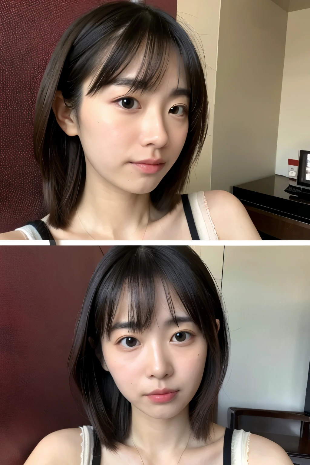A close up of a woman with a black top and a white tank top - SeaArt AI