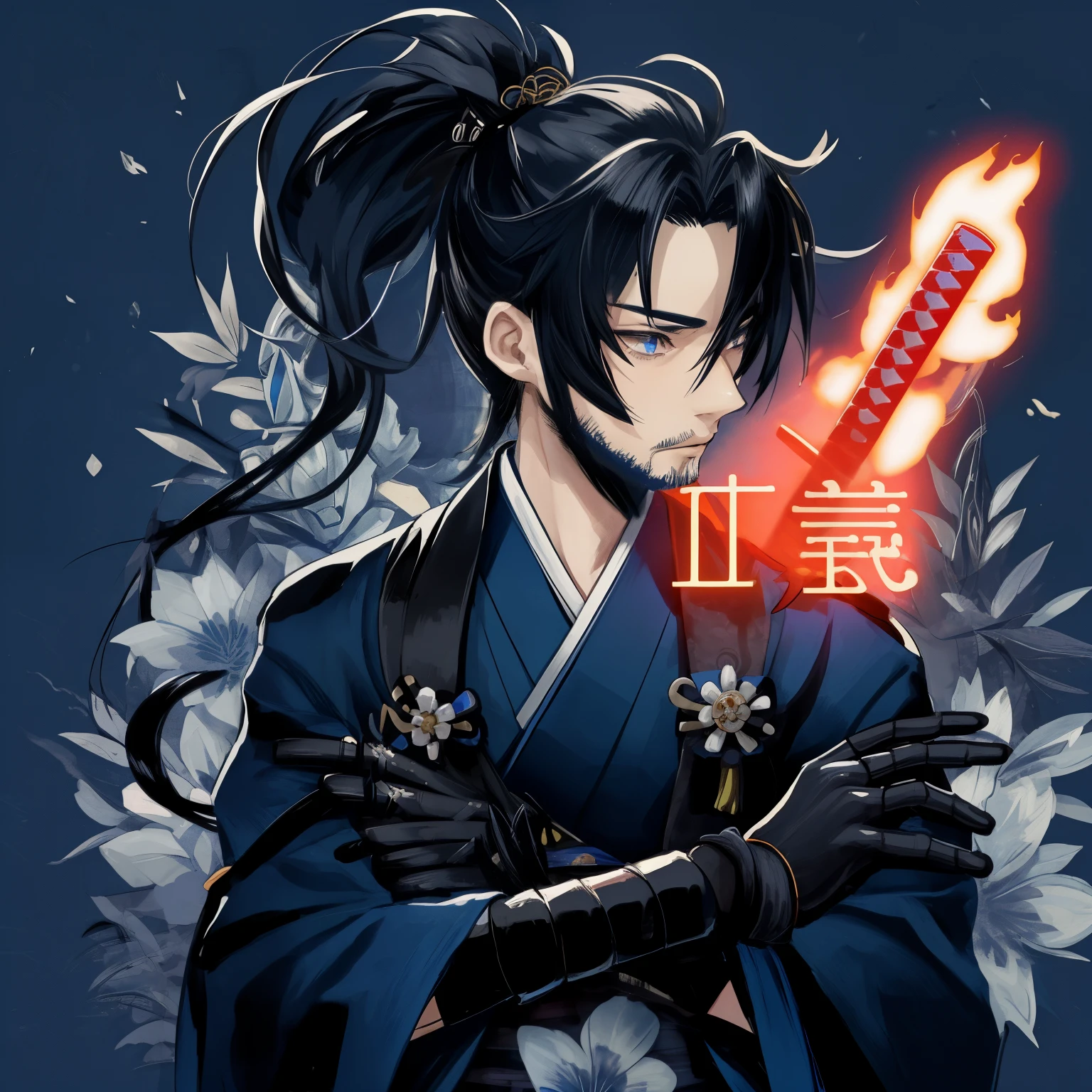 anime samurai boy with samurai ponytail, with tiny beard with blue kimono and with full black gloves