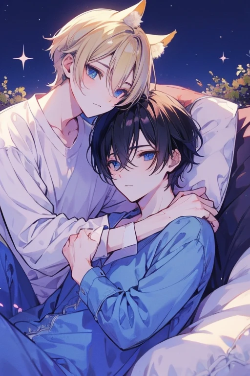 Unparalleled beauty,face perfect、Meadow at night、Lying on the meadow、camp、bonfire light、well-muscled、(2man,Gay Male Relationships),Perfect Eye、Blue Eye、 By Shinkai Makoto、Animal ears、Animal tail、a blonde and a black hair、nightwear、もこもこのs Pajamas、Warm、s Pajamas、what will happen then??'Sleeping、smil、