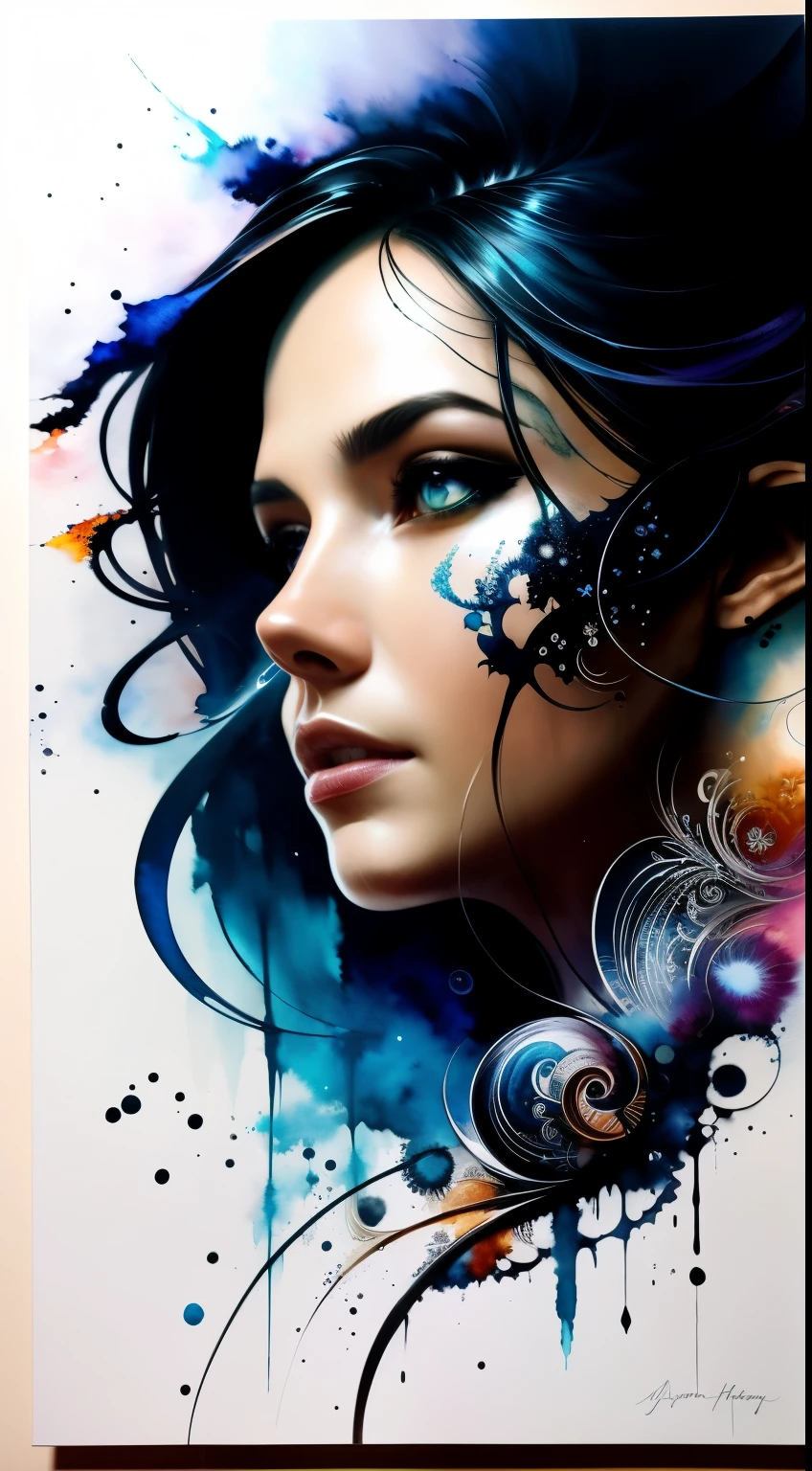 Colorful beautiful woman: Black ink flow: 8k resolution photorealistic masterpiece: by Aaron Horkey and Jeremy Mann: intricately detailed fluid gouache painting: by Jean Baptiste Mongue: calligraphy: acrylic: watercolor art, professional photography, natural lighting, volumetric lighting maximalist photoillustration: by marton bobzert: 8k resolution concept art intricately detailed, complex, elegant, expansive, fantastical