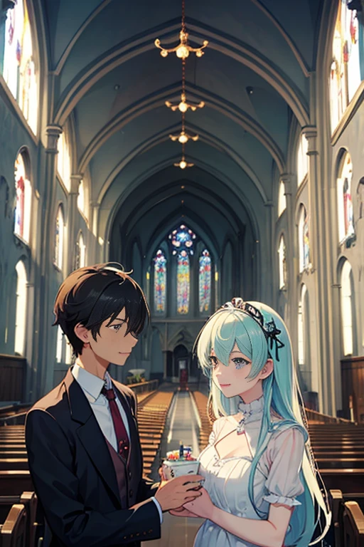 (a man and a woman in a church), anime screenshot, anime movie screenshot, from an animated movie, today's recommended anime is still, 2012 anime screenshot, anime still image, high-quality anime movie still image, anime movie scene, TV anime still image, RWBY art style, anime scene