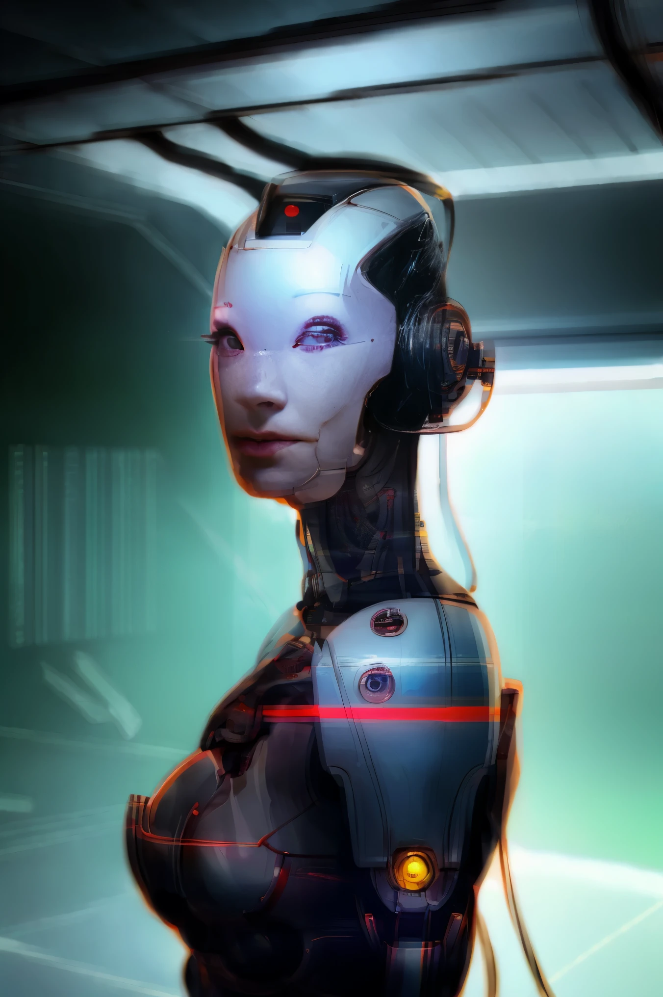 a portrait of robot woman in garage at night, science_fiction