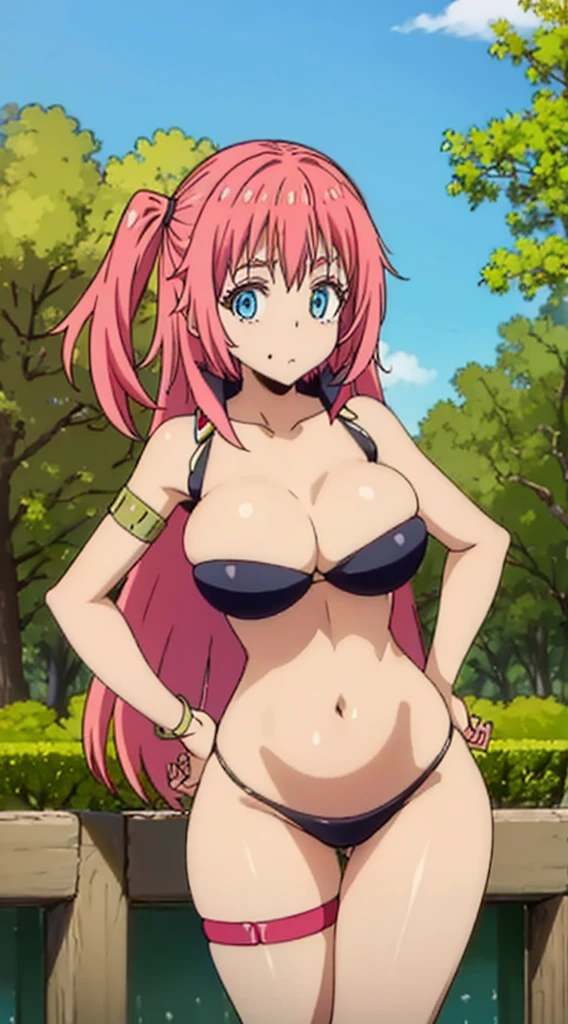 Milim Nava the busty princess from that time I got reincarnated as a slime looking like a hot babe,gourgeous goddess,beautifull,cute face with a large,curvy voluptuous body, massive breasts, thick thighs wearing see through golden bikini
