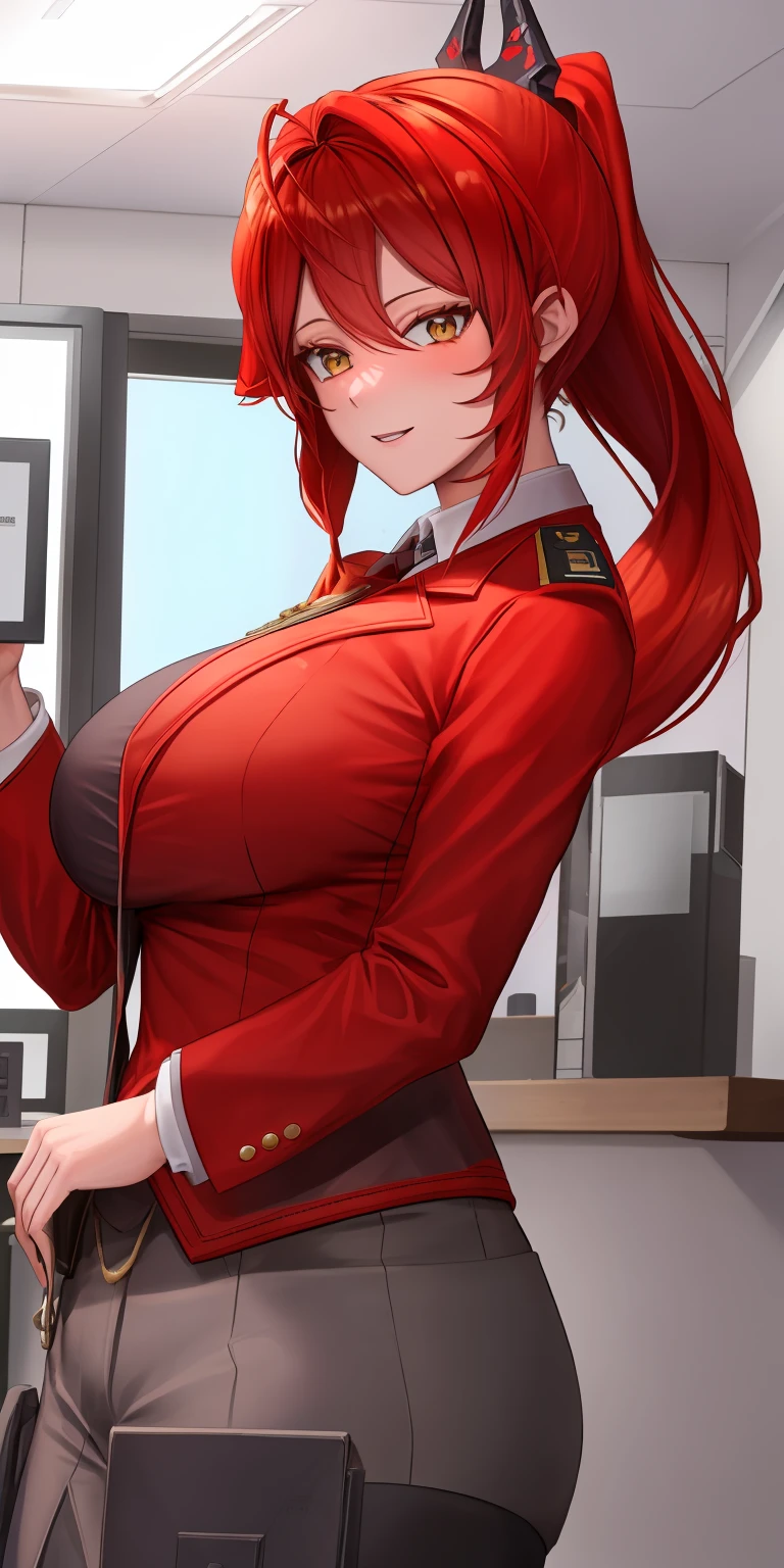 Red_Hood \\(Nikke)\\, Military uniform, (Big breast, Detailed retina, Red hair, ponytail), 4k, winning award, cyber horn, high rank officer, sitting in the office, looking to the viewer