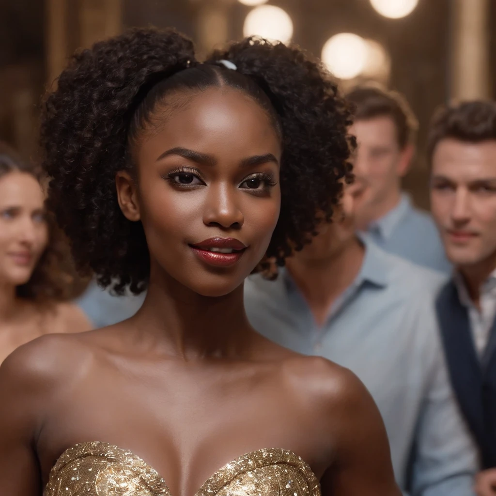 ((Dark African skin, Very deep ebony skin)), ((Its beauty undeniable)), ((Excited cute face)), ((Hyper detailed perfect eyes,)), ((Language output)), ((Seductive)), ((Venetian Masquerade Mask, chic glitter dress)), ((Afro ponytail with long African curly hair)), ((full body, side view)), ((arms in the air)), ((indoor, gala, dancing, club, Masquerade Ball, people in the background)), Sharp Focus CGI, photoreallistic, High detail, Realstic, Masterpiece, absurdes, Best quality, Hdr, High quality, high-definition, Extremely detailed, 8k wallpaper, Intricate details, 8K UHD, Full-HD, (photo realist:1.2), contraste, intense illumination, lighting cinematic, natural lighting, veilleuse, Nuit, Illumination globale, Laughing out loud, a la piscine African women、Female sexy, the hague