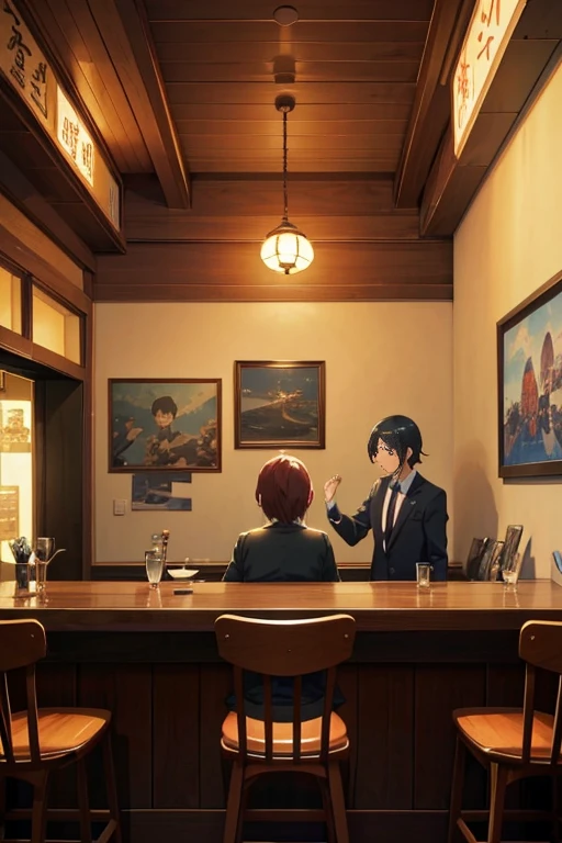 Character sitting at bar in dark room, 坐at a bar里, 坐at a bar里, Screenshot of the 2012 animation, TV animation stills, screenshot from the anime film, in the anime film, Still from anime, Medium shot of two characters, at a bar, anime movie screenshot, Today’s recommended anime is still