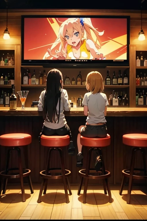 "cartoon characters sitting in a dark bar, sitting in a bar, sitting at a bar, 2012 animated screenshot, TV anime still, animated movie screenshot, in an animated movie, from an anime, mid-shot of two characters, in a bar, anime movie screenshot, today's recommended anime is still"。