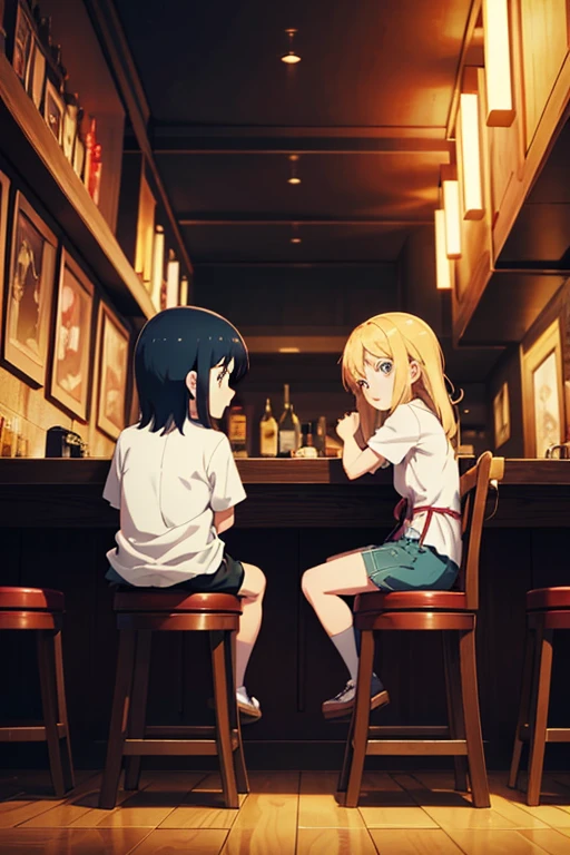 "cartoon characters sitting in a dark bar, sitting in a bar, sitting at a bar, 2012 animated screenshot, TV anime still, animated movie screenshot, in an animated movie, from an anime, mid-shot of two characters, in a bar, anime movie screenshot, today's recommended anime is still"。