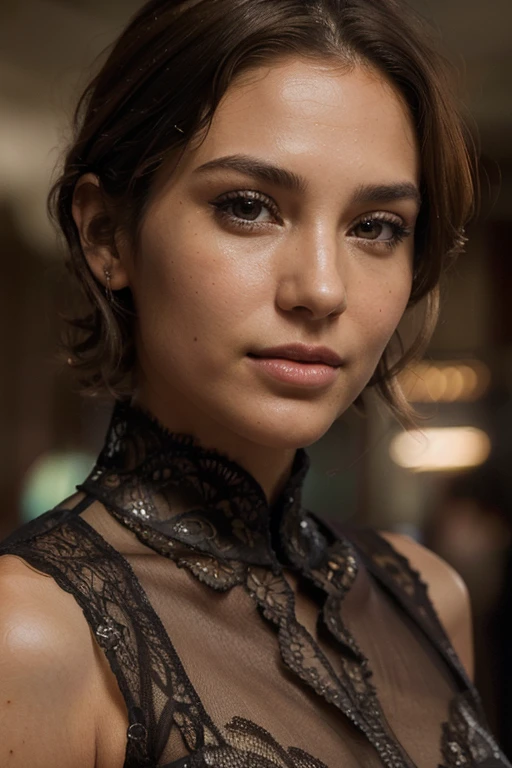 Breathtaking cinematic photo of a 30 year old girl with brown hair and brown eyes, happy, cheerful expression, closed mouth, beautiful lips, intricate details, shallow depth of field, highly detailed, high budget, epic Hollywood film, gorgeous, masterpiece, award-winning, professional, highly detailed, detailed skin texture, (blush: 0.5), (goosebumps: 0.5). (the most beautiful woman in the world) (brown hair) (short curly hair, wild hair, stylish cut) thin face, thin nose, beautiful, very beautiful, perfect face, slender body (slender), (brown hair) (brown eyes ) (white skin) Beautiful body, western face, predatory eyes, pink lips, thick thighs. full body, western beauty, thin nose, beautiful, perfect, ((best quality)), ((ultra resolution)), ((photorealistic: 1.4)), (intricate details), perfect face, makeup: 1.5 , clear face, facial details. front view ((uniform, tactical costume, agent costume, spy))