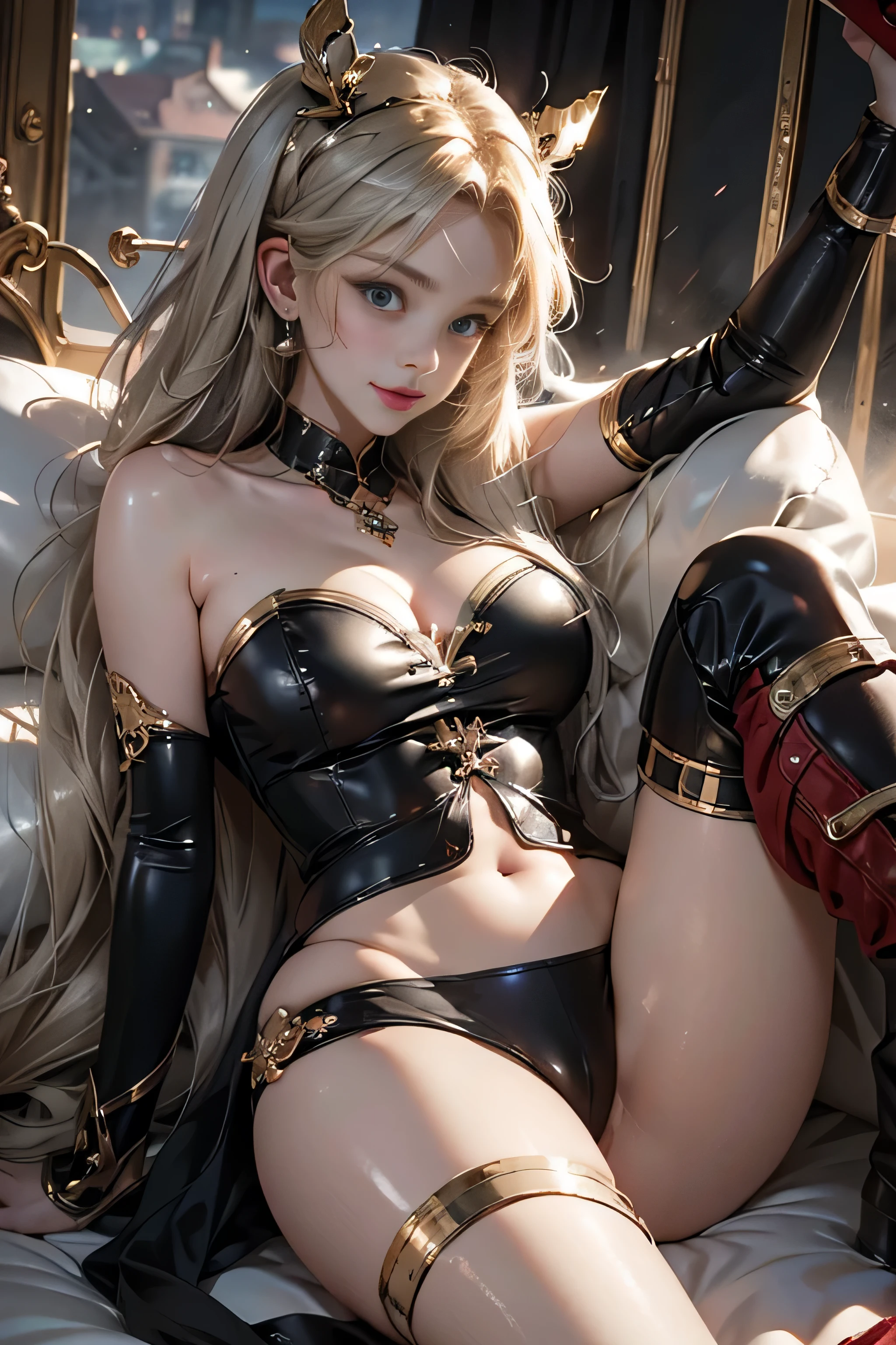 ((best qualtiy)),((Superior Quality, 8K, tmasterpiece: 1.5)), Pubic area is clear: 1.2, Perfect Body Beauty: 1.4, Breasts are big, Silvery hair,Red belly pocket,wetted skin, squint smile,Sleeping on the bed,Legs open,legs are open,