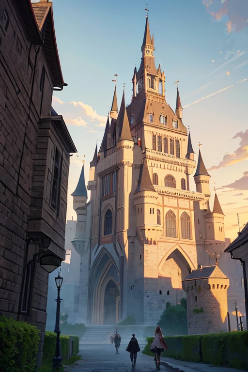 There is a painting of a castle，there are a lot of people walking around it, castle scene manga, Bastion Gateway, Opening scene, (attack on titan animation), anime scene, black clover screenshot, attack on titan scenery, Huge door, style of madhouse anime, Castle setting, palatial scene, castle background, Madhouse Studio anime style