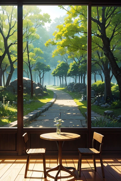 There are many tables and stools in the room,There is a clock, rpg scene, Anime landscape concept art, boromir in an anime world, forest city streets behind her, Greengar, anime scene, beautiful anime scenes, immensely detailed scene, cutscene clip, kinematics, Epic spacious courtyard, 2. 5D CGI anime fantasy artwork
